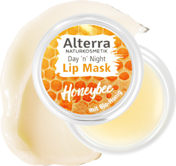 Alterra Day'n'Night Lip Mask Honeybee z bio-miodem, w otwartym okrągłym słoiku, widok z góry.