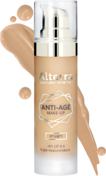 Alterra Anti-Age Make-Up 01 Light z SPF 6, podkład z kwasem hialuronowym w butelce z pompką, widok z przodu.