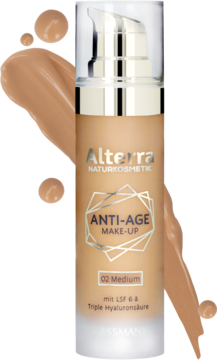 Alterra Anti-Age Make-Up 02 Medium, podkład z kwasem hialuronowym i SPF 6, w beżowej butelce, widok z przodu.