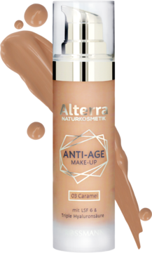 Alterra Anti-Age Make-Up 03 Caramel z kwasem hialuronowym i SPF 6, w szklanej butelce z pompką, widok z przodu.