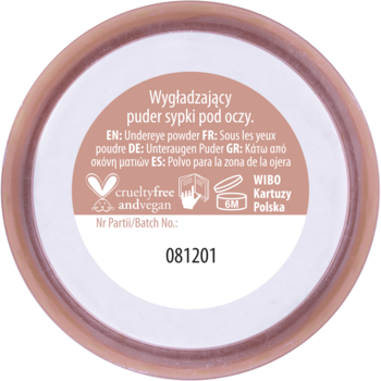 Tył okrągłego opakowania pudru sypkiego pod oczy WIBO, z beżową etykietą, opisem i symbolem cruelty-free.