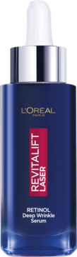 L'Oréal Paris Revitalift Laser Retinol Deep Wrinkle Serum w błyszczącej, granatowej butelce z kroplomierzem.