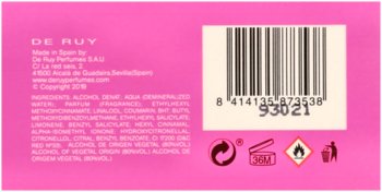 Tył różowego opakowania wody toaletowej Nike Ultra Pink De Ruy, z kodem kreskowym i listą składników.