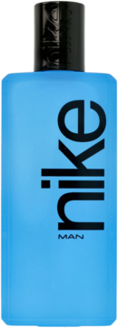 Matte blue bottle of Nike Ultra Blue eau de toilette for men, with vertical 'nike' logo and black cap, front view.