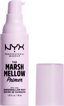 NYX Marshmellow Primer, baza wygładzająca z prawoślazem, jasnofioletowa butelka z pompką, widok z przodu.