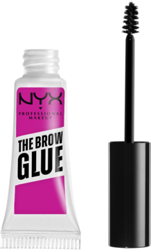 NYX The Brow Glue do laminacji brwi, biała tubka z różową etykietą i czarna szczoteczka obok.