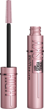 Maybelline Lash Sensational Sky High mascara, otwarta, różowo-złota tuba z napisem i różową szczoteczką.