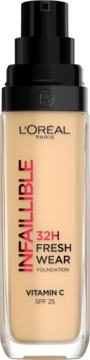 Podkład L'Oréal Infallible 32H Fresh Wear Vitamin C SPF 25 w jasnobeżowej butelce z pompką, widok z przodu.