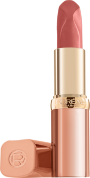 L'Oréal Color Riche Les Nus szminka nude z olejkiem arganowym, w złotej oprawie. Otwarta z leżącą skuwką.