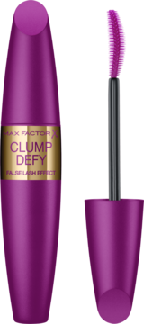 Purpurowy tusz Max Factor Clump Defy False Lash Effect, obok aplikator z fioletową szczoteczką.