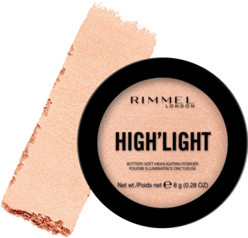 Rimmel High'light rozświetlacz w okrągłym czarnym opakowaniu, obok świetlisty swatch pudru w odcieniu Candlelit.