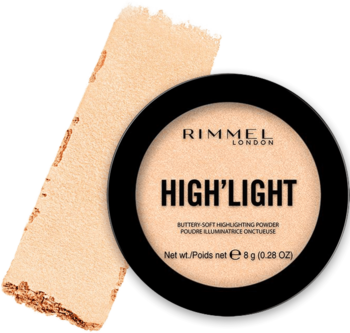 Pudrowy rozświetlacz Rimmel High'light 001 Stardust w czarnym kompakcie, obok widoczny swatch koloru.