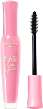 Różowy tusz do rzęs Bourjois Volume Glamour Coup de Foudre, butelka z wyjętym czarnym aplikatorem.