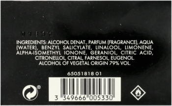 Paco Rabanne Black XS for Her, tył czarnego opakowania z listą składników INCI i kodem kreskowym.