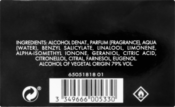 Tył czarnego opakowania wody toaletowej Paco Rabanne Black XS for Her z białą listą składników.