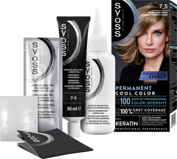 Zestaw trwałej farby Syoss 7.5 Naturalny Popielaty Blond, z pudełkiem "Permanent Cool Color", tuba, butelka, rękawiczki. Ujęcie z boku.