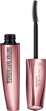 Mascara Rimmel Wonder'Luxe Volume, otwarta butelka w kolorze różowego złota ze szczoteczką, widok z przodu.