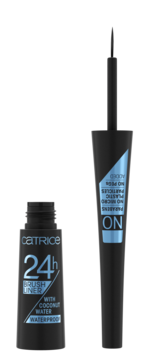 Catrice 24h wodoodporny eyeliner z wodą kokosową. Otwarta czarna butelka, obok pędzelek do precyzyjnej kreski.
