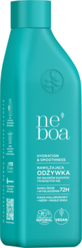 Nawilżająca odżywka Neboa Hydration & Smoothness do włosów suchych z kwasem hialuronowym, turkusowa butelka, widok z przodu.