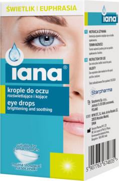 IANA krople do oczu z Euphrasia, rozświetlające i kojące, do soczewek, opakowanie biało-niebieskie, przód.