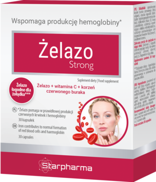 Białe pudełko Żelazo Strong suplementu diety z czerwoną opaską, wspiera produkcję hemoglobiny, widok z przodu.
