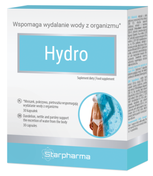 Białe pudełko Starpharma Hydro, suplementu diety na 30 kapsułek, wspomagającego wydalanie wody, widok z przodu.