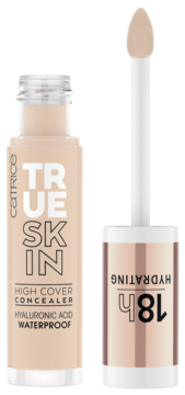 Korektor Catrice True Skin High Cover z aplikatorem obok, jasnobeżowy, nawilżający i wodoodporny.