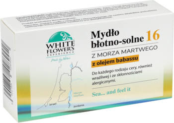Mydło w kostce błotno-solne 16 White Flowers Experience z Morza Martwego, babassu, białe pudełko, przód.