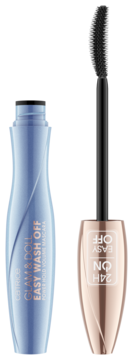 Mascara Catrice Glam & Doll Easy Wash Off, błękitna tuba, różowo-złoty aplikator z wysuniętą szczoteczką.