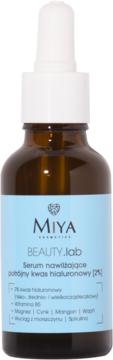 Miya BEAUTY.lab serum z 2% kwasem hialuronowym w brązowej butelce z białą pipetą, widok z przodu.