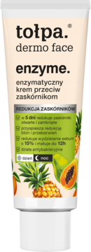 Beżowa tubka Tołpa enzyme. krem przeciw zaskórnikom z owocami, widok z przodu. Opisuje redukcję sebum i zaskórników.