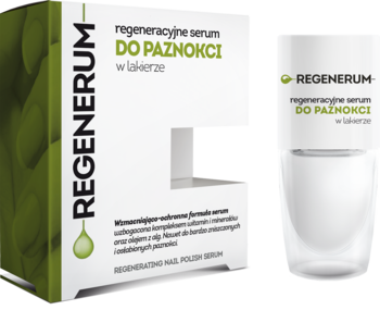 Regenerum regeneracyjne serum do paznokci w lakierze: białe opakowanie z zielonym motywem liści i butelka obok.