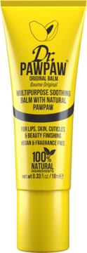 Żółta tubka Dr. PAWPAW Original Balm, 10ml, wielozadaniowy nawilżający balsam z naturalną papają, widok z przodu.
