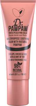 Brzoskwiniowo-różowy balsam Dr. PawPaw Tinted Peach Pink w tubce 10ml, widok z przodu z czarnym tekstem.
