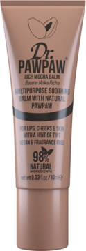 Dr. PawPaw Rich Mocha Balm, brązowa tubka 10ml, uniwersalny balsam do ust i skóry, widok z przodu.