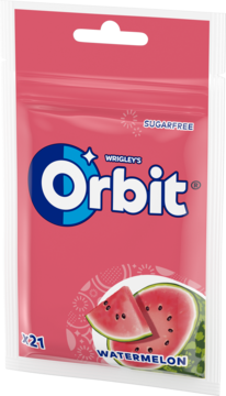 Różowa saszetka gum Orbit Sugarfree Watermelon, z obrazkiem soczystego arbuza, widok z przodu.