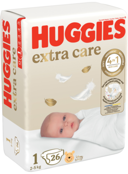 Białe opakowanie pieluch Huggies Extra Care rozmiar 1 (2-5kg) z wizerunkiem niemowlaka i złotym napisem, widok z przodu.