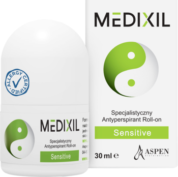 Medixil Sensitive antyperspirant roll-on 30 ml, biała butelka z certyfikatem Allergy Certified i pudełko.