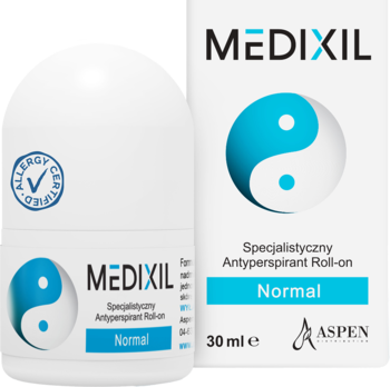 Biały antyperspirant roll-on Medixil do skóry wrażliwej, z niebieskim symbolem yin-yang, butelka obok opakowania.