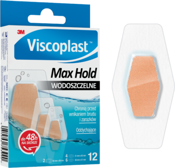 Plastry Viscoplast Max Hold wodoszczelne, 12 sztuk, na 48h. Niebieskie opakowanie, obok beżowy plaster sześciokątny.