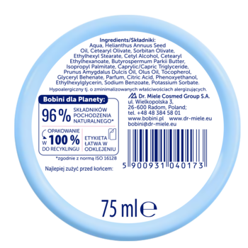 Spód okrągłego opakowania kremu Bobini Baby 75ml, 96% składników naturalnych, etykieta do recyklingu.