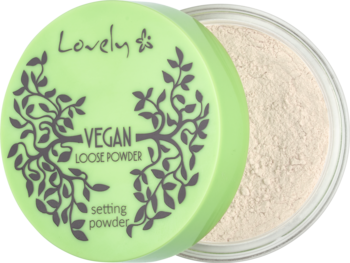 Lovely Vegan Transparent Loose Powder do utrwalania makijażu, otwarte opakowanie z zieloną nakrętką w liście.