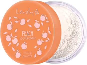 Lovely Peach Loose Powder, otwarty transparentny puder do twarzy w brzoskwiniowym słoiczku z białym proszkiem.