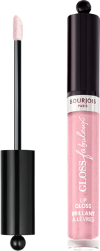 Jasnoróżowy błyszczyk Bourjois Fabuleux Gloss z shimmerem, z widocznym aplikatorem obok opakowania.