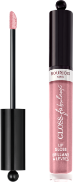 Różowy błyszczyk Bourjois Gloss Fabuleux, nawilżający, z aplikatorem wyciągniętym z tubki, widok frontalny.
