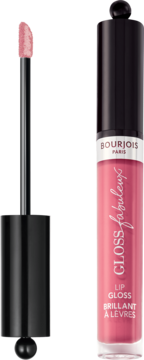 Różowy błyszczyk Bourjois Fabuleux Gloss, z aplikatorem obok transparentnej tubki.