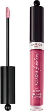 Różowy błyszczyk Bourjois Fabuleux Gloss z aplikatorem obok, pokazującym jasnoróżowy odcień produktu.