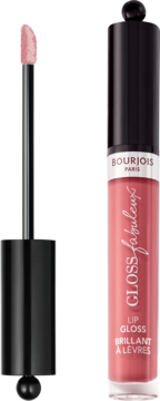 Bourjois Fabuleux Gloss, brzoskwiniowo-różowy, przezroczysta tubka i aplikator na fioletowym tle.