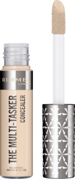 Rimmel Multi-Tasker Concealer w jasnobeżowym odcieniu, otwarta tubka z aplikatorem pokrytym produktem. Widok z przodu.