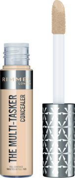Rimmel The Multi-Tasker korektor płynny w jasnym odcieniu, otwarta tubka z aplikatorem, widok z przodu.